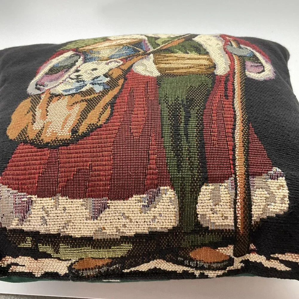 Vintage Christmas Santa Claus Black Tapestry Needlepoint Throw Pillow Green Back